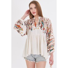 Armonika Kadın Krem Hakim Yaka Balon Kol Bluz ARM-25Y001052