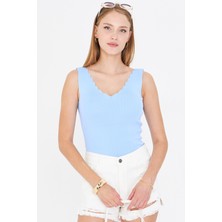 Armonika Kadın Bebe Mavi Zigzaglı V Yaka Kaşkorse Bluz ARM-23Y069004