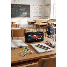 Probag Arabalı Kalemlik Yarış Arabası Desenli 2 Bölmeli Fermuarlı Geniş Iç Siyah Çocuk Kalem Kutusu