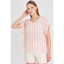 Armonika Kadın Turuncu V Yaka Yanları Yırtmaçlı Arkası Uzun Duble Kol Detaylı Oversize Bluz ARM-25Y001056