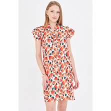 Armonika Kadın Nar Çiçeği V Yaka Kolları Fırfırlı Kravat Detaylı Elbise ARM-25Y001023