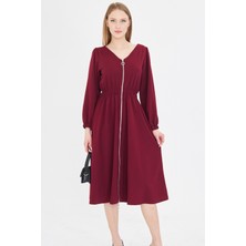 Armonika Kadın Bordo Ön Arka V Yaka Önden Fermuarlı Uzun Kol Midi Boy Elbise ARM-25Y001002