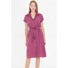Armonika Kadın Koyu Gülkurusu Beli Kemerli Kısa Kol Gömlek Elbise ARM-19Y001068
