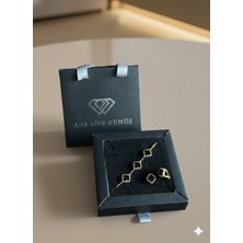 Ada Life Gümüş (Çantalı KUTULU)925 Ayar Gümüş Siyah Taşlı 2 Li Yonca Set Gold