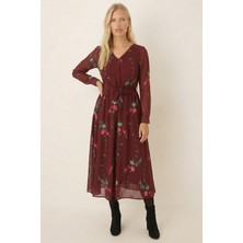 Armonika Kadın Bordo V Yaka Kemerli Astarlı Şifon Midi Boy Elbise ARM-26K001042