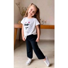 Love Giyim Kedi Baskılı Bağlamalı Tişört ve Taşlı Pantolon Takım