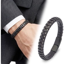 Fm   Siyah Deri ve Çelik Erkek Bilekllik 31834B1D1-4