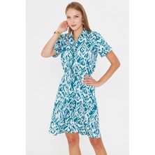Armonika Kadın Zümrüt Beli Lastikli Desenli Kısa Kol Gömlek Elbise ARM-23Y001079