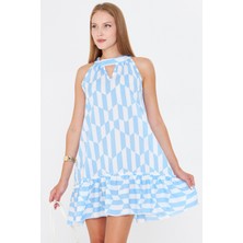 Armonika Kadın Mavi Boyundan Bağlamalı Etek Ucu Fırfırlı Mini Elbise ARM-25Y001097