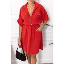 Armonika Kadın Kırmızı Yarasa Kol Cepli Beli Lastikli Elbise ARM-23Y001076