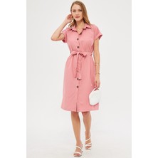 Armonika Kadın Pembe Beli Kemerli Kısa Kol Gömlek Elbise ARM-19Y001068