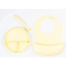 İlkyaz Fashion Sarı 3’lü Silikon Yemek Seti – Önlük + Diş Kaşıyıcılı Kaşık + Vakumlu Tabak Ilkyz-Kr