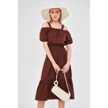 Armonika Kadın Kahve Beli Lastikli Askılı Elbise ARM-21K001214