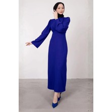 Tesettür Diyarı Ispanyol Kol Kuşaksız Tesettür Elbise- Saks Mavi