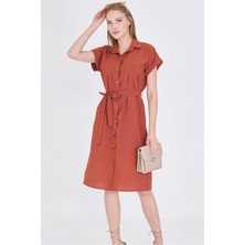 Armonika Kadın Kiremit Beli Kemerli Kısa Kol Gömlek Elbise ARM-25Y001065