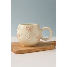 KYA CERA Pembe Kurdele & Papatya Kabartmalı Tekli El Yapımı Seramik Kupa