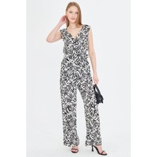 Armonika Kadın Ekru Kruvaze Yaka Omuzu Lastik Detaylı Sırtı V Kuşaklı Uzun Tulum ARM-24Y001049