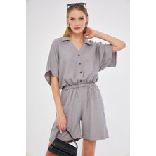 Armonika Kadın Gri Gömlek Yaka Cepli Kısa Tulum ARM-24Y001113