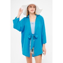 Armonika Kadın Mavi Kendinden Çizgili Önden Bağlamalı Kimono Gömlek ARM-24Y001101