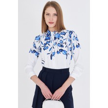 Armonika Kadın Saks Hakim Yaka Desenli Gömlek ARM-25Y001013