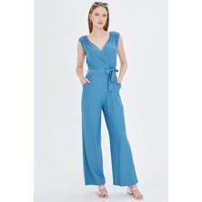 Armonika Kadın Buzmavi Kruvaze Yaka Omuzu Lastik Detaylı Sırtı V Kuşaklı Uzun Tulum ARM-24Y001049