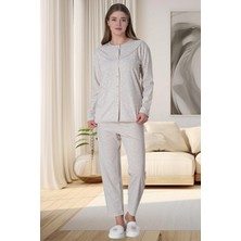 Mecit Pijama Mecit 6022 Vizon Kadın Büyük Beden Boydan Düğmeli Pijama Takımı