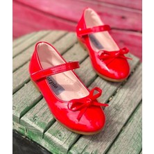 Surpie Shoes Ince Fiyonk Detaylı Kız Çocuk Babet, Kırmızı, Beyaz, Siyah Babet