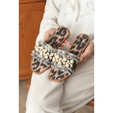 Dabab Shoes Mınoa Kadın Leopar Inci Detaylı Kumaş Dokulu Animal Desenli Tek Bantlı Günlük Düz Terlik