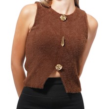 Kechi Woman Gold Aksesuarlı Kahve Renk Sakallı Triko Süveter