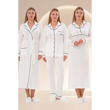 Mecit Pijama Mecit 6335 Ekru Kadın Sabahlık Gecelik Pijama 4'lü Set