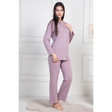 Mecit Pijama Mecit 6105 Gül Kurusu Kadın Büyük Beden Boydan Düğmeli Pijama Takımı