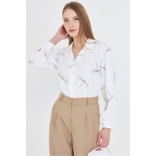 Armonika Kadın Gri V Yaka Balon Kol Desenli Gömlek ARM-25Y001016