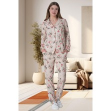 Mecit Pijama Mecit 6023 Pudra Büyük Beden Boydan Düğmeli Kadın Pijama Takımı
