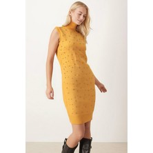 Armonika Kadın Sarı Önü Boncuklu Kolsuz Triko Elbise ARM-26K136034
