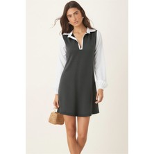 Armonika Kadın Yeşil Gömlek Yaka Uzun Kollu Mini Elbise ARM-25K001050