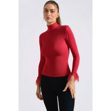 Armonika Kadın Kırmızı Balıkçı Yaka Kolucu Tüylü Triko Kazak ARM-26K136038