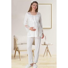 Mecit Pijama Mecit 5015 Dantelli Ekru Lohusa Pjama Takımı