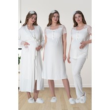 Mecit Pijama Mecit 6065 Ekru Uzun Sabahlıklı Gecelik Pijama Lohusa Set