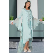 Mecit Pijama By Mecit 5026 Turkuaz Tül Detaylı Sabahlıklı Lohusa Gecelik Takım