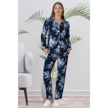 Mecit Pijama Mecit 5924 Çiçek Desenli Lacivert Boydan Düğmeli Kadın Pijama Takımı