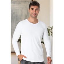 Mecit Pijama Mecit 2850 Beyaz Bisiklet Yaka Uzun Kollu Likralı Pamuk Erkek Tişört