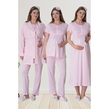 Mecit Pijama Mecit 6061 Pembe Çizgili Sabahlıklı Gecelik Pijama Lohusa Set