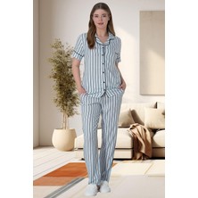 Mecit Pijama Mecit 6016 Mavi Çizgili Boydan Düğmeli Kadın Pijama Takımı