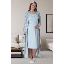 Mecit Pijama Mecit 6006 Mavi Çizgili Uzun Sabahlıklı Lohusa Gecelik Takım