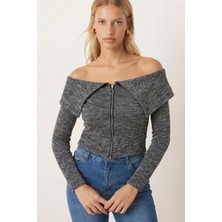 Armonika Kadın Füme Düşük Omuz Önden Fermuarlı Hırka ARM-26K001034