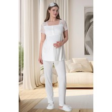 Mecit Pijama Mecit 6010 Ekru Dantelli Hamile Lohusa Pijama Takımı