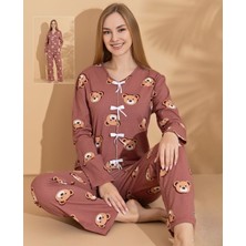 Ayıcık Desenli Fiyonk Detaylı Kadın Pijama Takımı – Kahverengi