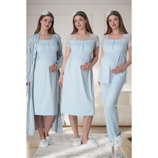 Mecit Pijama Mecit 6063 Mavi Çizgili Uzun Sabahlıklı Gecelik Pijama Lohusa Set