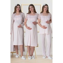 Mecit Pijama Mecit 6063 Pembe Çizgili Uzun Sabahlıklı Gecelik Pijama Lohusa Set