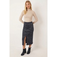 Armonika Kadın Lacivert Önden Yırtmaçlı Beli Lastikli Midi Boy Etek ARM-26K001037